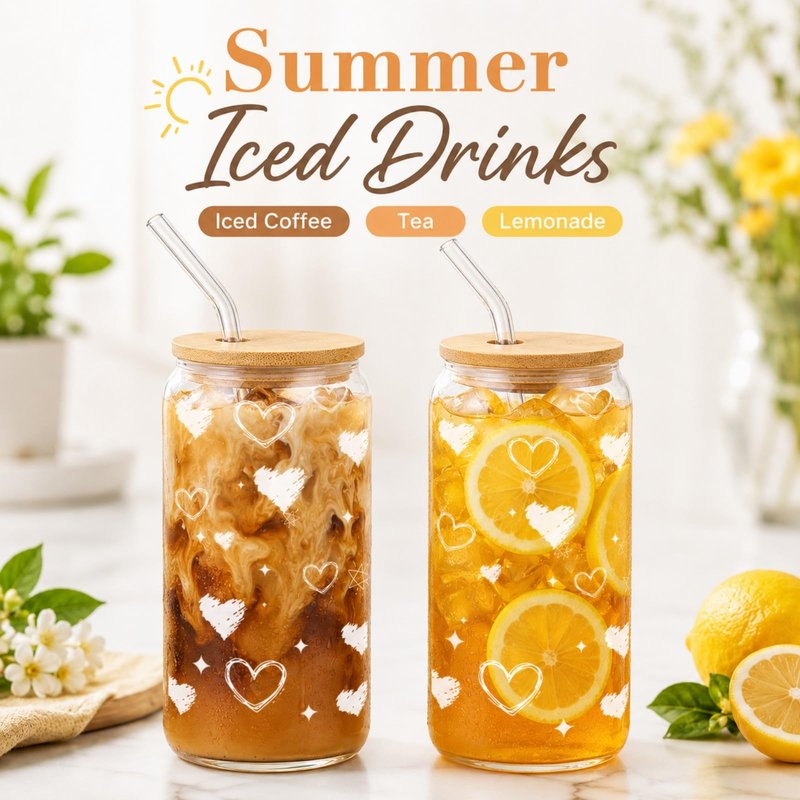 DAMCONME Glass Cups with Lids and Straws, 2 Pack Heart Glass Cups, 16 oz Borosilicate Iced Coffee Cups, Matching Drinkware for Best Friends, Couples, Birthday and Anniversary