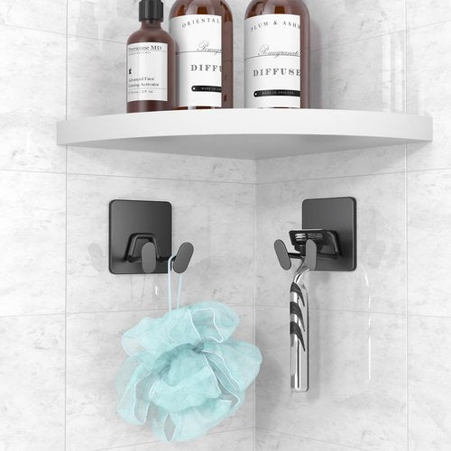 Adhesive Shower Hooks - Extra Sticky Stainless Steel Double Hooks for Razor, Loofah, Towel | Matt Black, 4-Pack