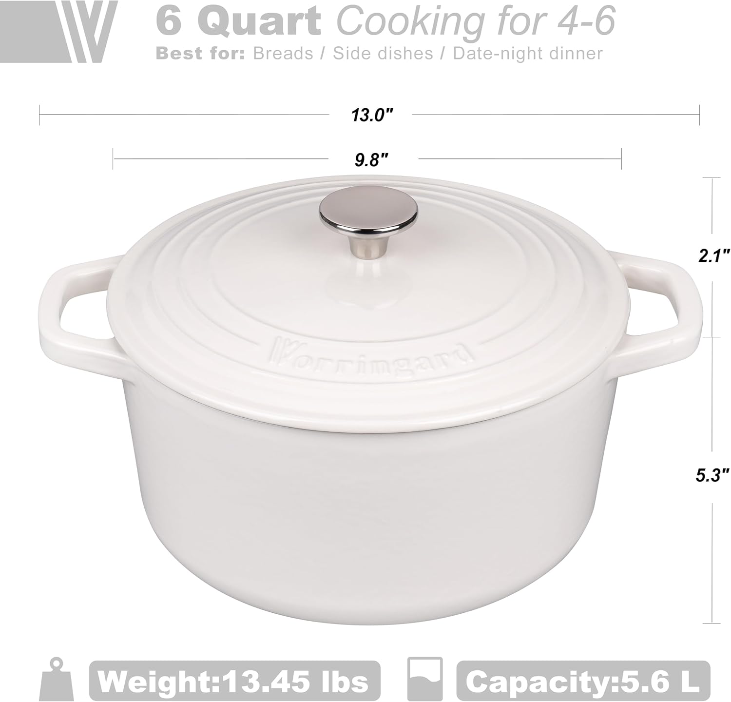 VORRINGARD Enameled Cast Iron Dutch Oven - Perfect for Sourdough Bread Baking | 6QT, White