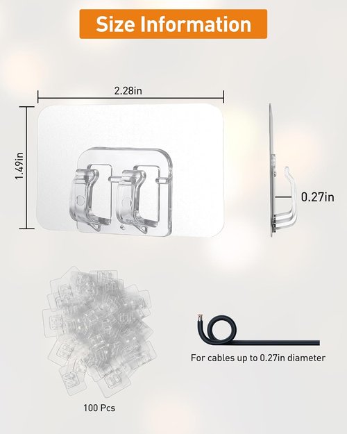 AGPTEK Heavy Duty Hooks for Outdoor String Lights - 100Pcs Clear Cable Clips with Adhesive Strips