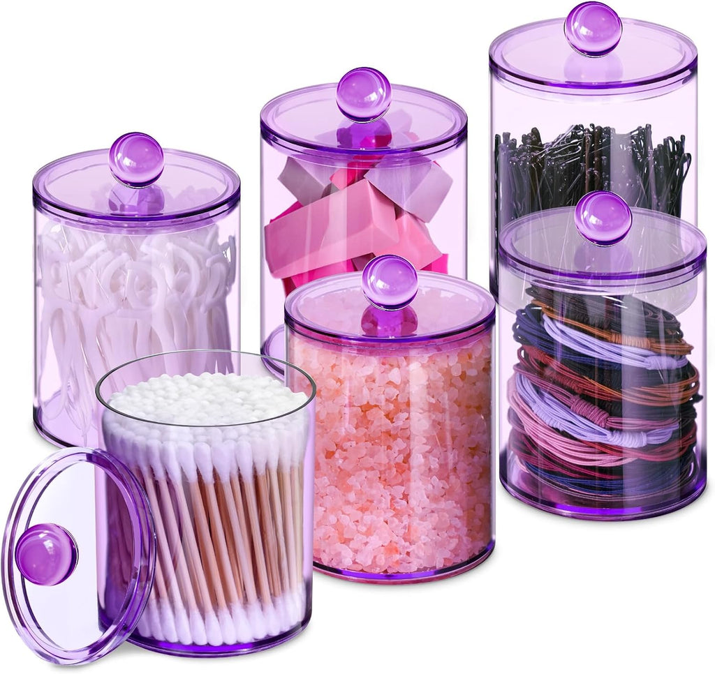 XIPENGKEJI Qtip Holder Set - 6 Pack Apothecary Jars with Lids for Bathroom Organization | 10oz-12oz Purple