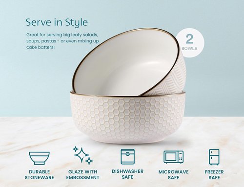 KooK Ceramic Salad Bowls - Embossed Large Serving Bowls for Pasta & Soup | Microwave & Dishwasher Safe, Cream with Dark Copper Accents, Set of 2, 60 oz