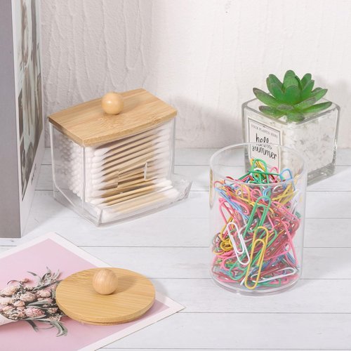 Bamboo Bathroom Accessories Set - 4-Piece Collection with Clear Toothbrush Holder, Soap Dispenser & Qtip Jar