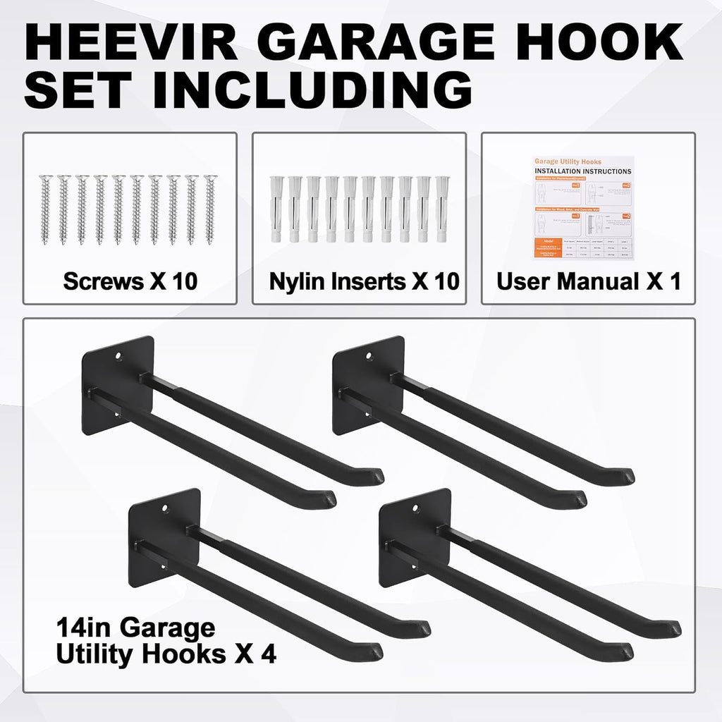 Skiennix 14-Inch Heavy Duty Garage Hooks - Extra Large Wall Mount Organizer for Tools & Equipment | 4-Pack