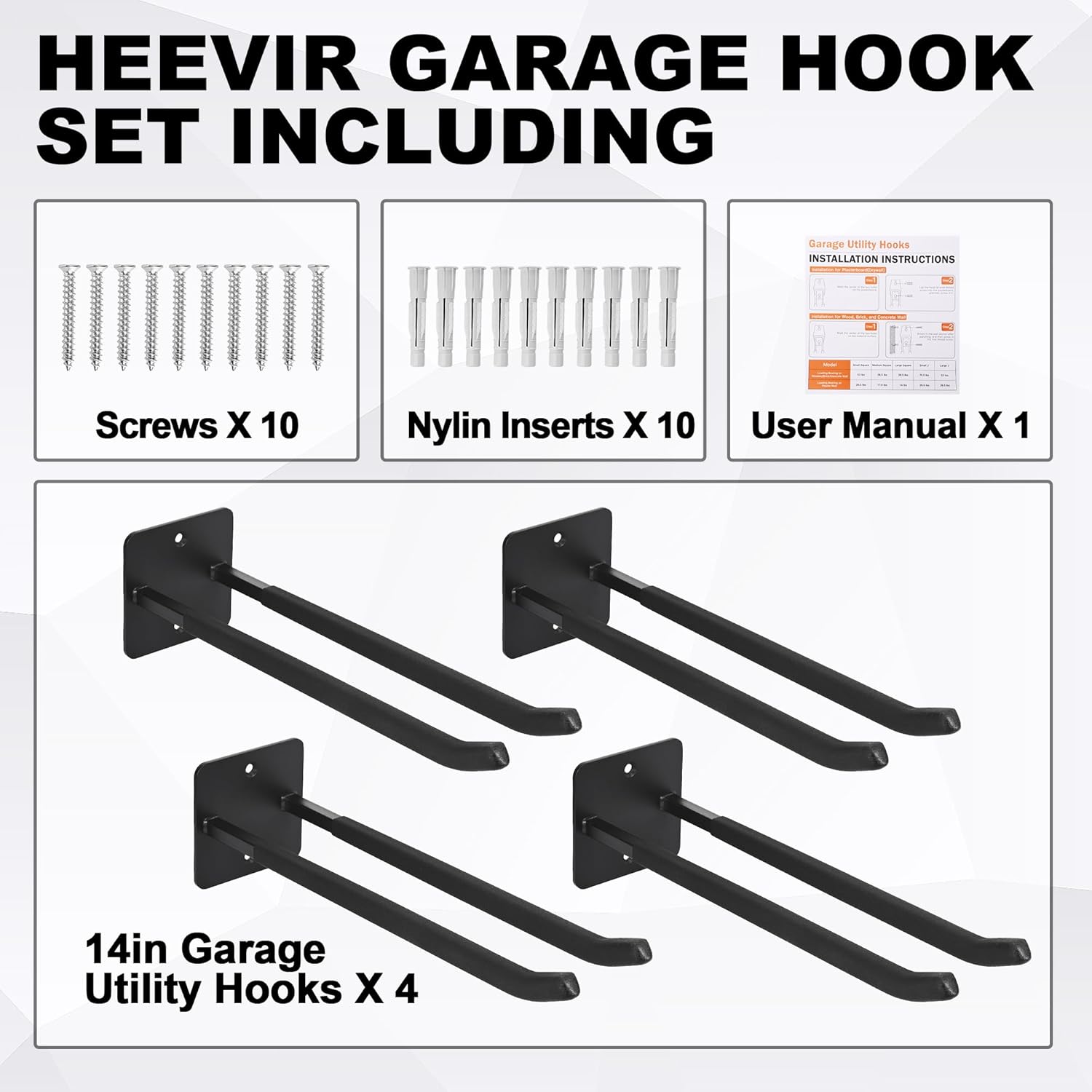 Skiennix 14-Inch Heavy Duty Garage Hooks - Extra Large Wall Mount Organizer for Tools & Equipment | 4-Pack
