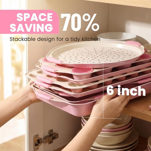 Kikcoin Nonstick Baking Pans Set - 22 PCS Stackable Bakeware with Silicone Handles | Oven Safe to 450°F, Pink