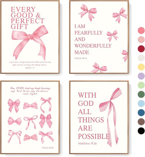 LARTSFRO Coquette Pink Bow Wall Art | Inspirational Christian Decor for Teen Girls | Set of 4 Unframed 10x8 Inch Prints