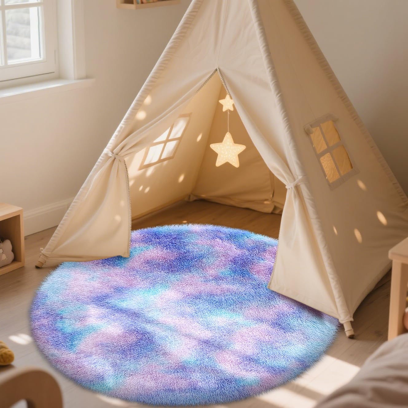 OLANLY Round Purple Rainbow Rug - Soft, Fluffy Shaggy Carpet for Bedroom | 4x4 Feet Machine Washable Area Rug