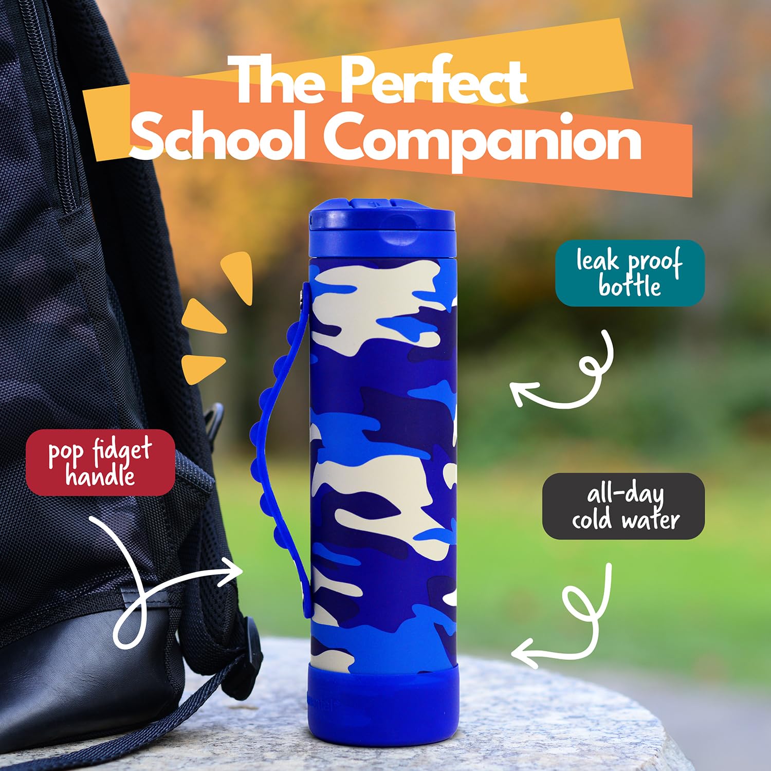 Elemental Iconic Kids Water Bottle with Straw Lid & Stress Reliever Pop It Handle, Leak-Proof When Closed, Triple Insulated Stainless Steel Reusable Thermos Water Bottle, 20oz - Blue Camo