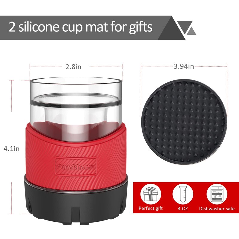 Ourokhome Whiskey Freeze Glasses, Patent Plastic Ice Chiller for Bourbon, Scotch, White Wine, 5 oz Insulated Liquor Tumbler for Men and Women, 2 Sets, with 2 Silicone Cup Mats, Red