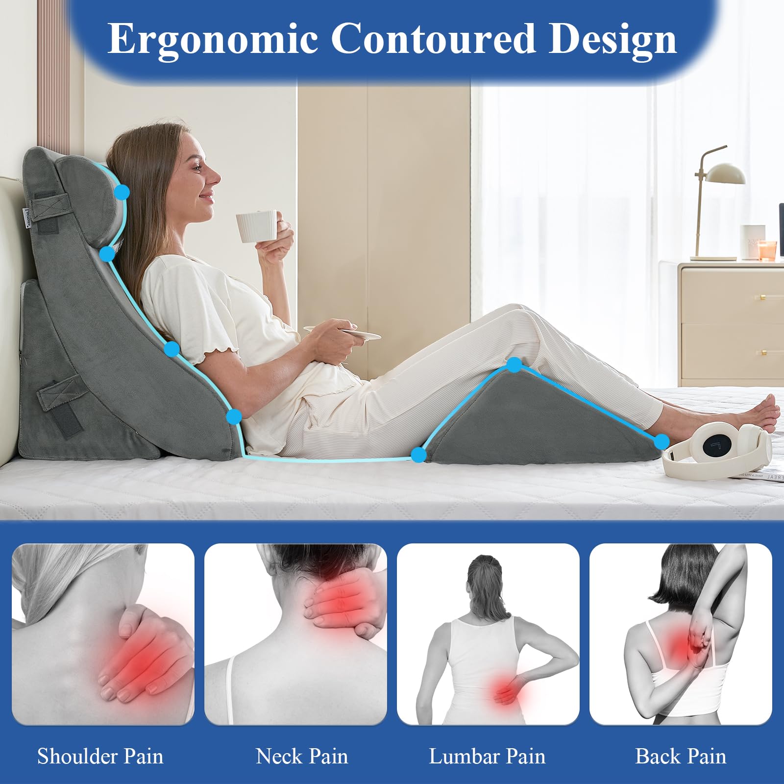 4PCS Orthopedic Bed Wedge Pillow Set, Post Surgery 45D Memory Foam for Back, Neck, and Leg Pain Relief Pleasing & Adjustable Support Pillows-Ease Acid Reflux & GRED with Better Sleep, Dark Grey