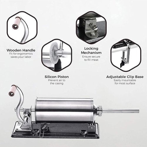 MZTOGR Sausage Stuffer, 2.5LBS Stainless Steel Horizontal Sausage Maker, Homemade Manual Meat Filling Kitchen Machine with 8 Stuffing Tubes