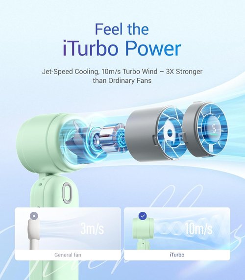 Diveblues Mini Portable Turbo Fan - 12H Max Cooling, 4000mAh Battery, 3-in-1 Handheld/Neck/Desktop Fan