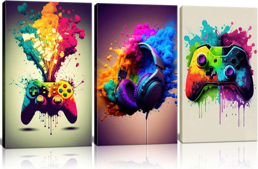 Skiennix Framed 3-Piece Game Room Wall Art - Neon Video Game Graffiti Posters | 12x16 Inch Decor