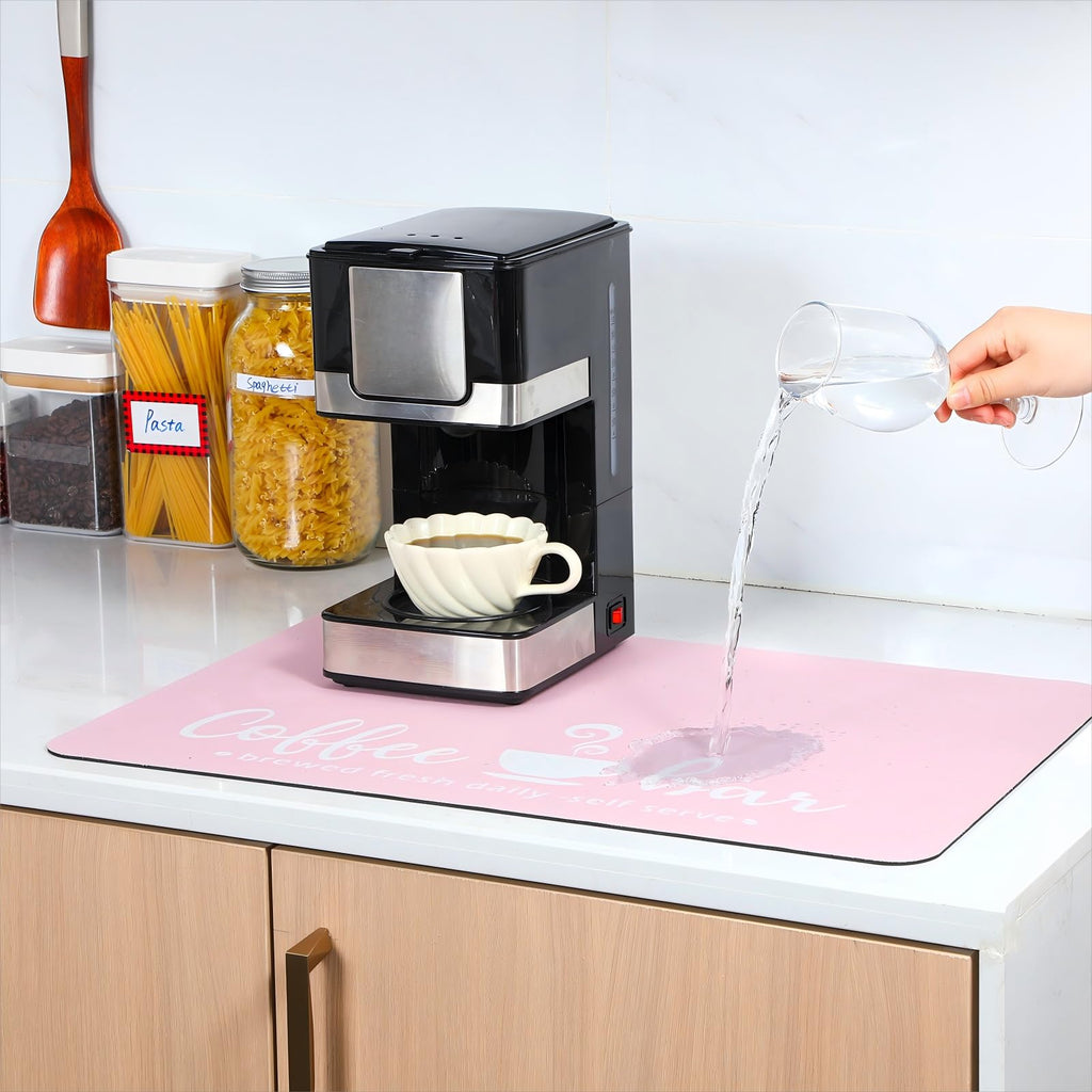 Queekay Pink Coffee Bar Mat Kitchen Accessories for Countertop Absorbent Dish Drying Rubber Backed Coffee Maker Pot Mat, 24 x 16 Inches