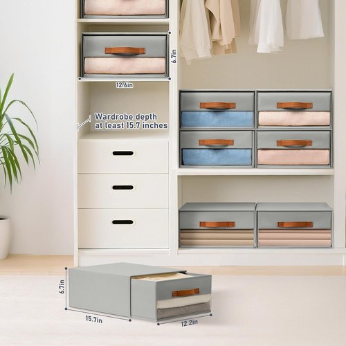 DIMJ Closet Organizers - Foldable Fabric Bins with Clear Windows | Stackable Storage Drawers, 4-Pack, Grey