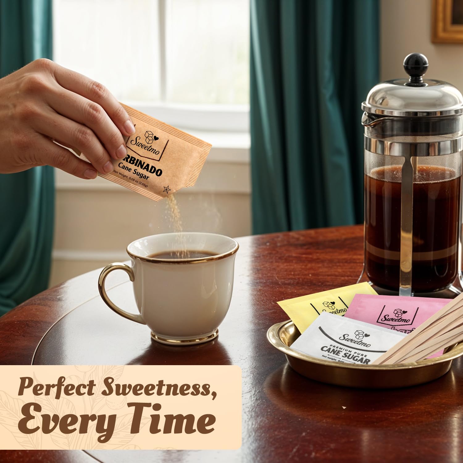 Sweetmo Sugar Packets Variety Pack - Sucralose, Raw, Cane Sugar & Stirrers - 400 Count for Coffee & Tea