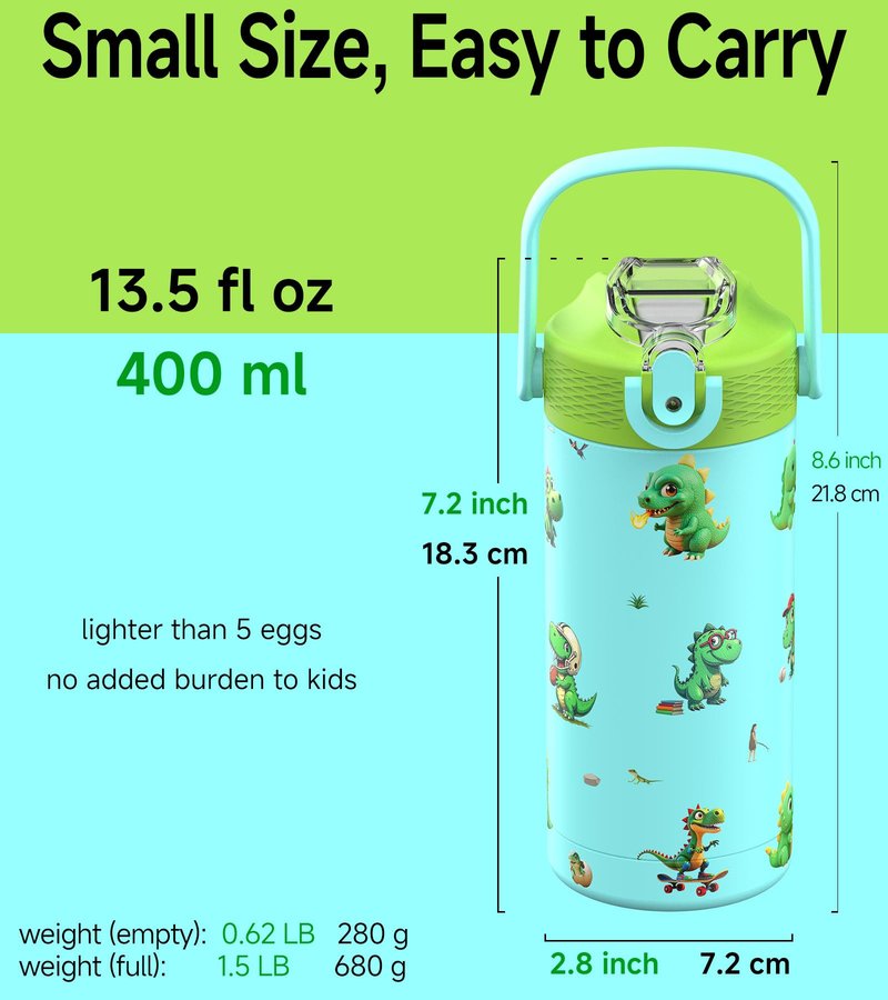 MYFOREST 14oz/400ml Insulated Kids Water Bottle, Odor-Free Surgical Grade Liner, Dishwasher-Safe, Name Spot, Soft Sipper, Gift for Dino Fan (Blue. Dinosaurs)