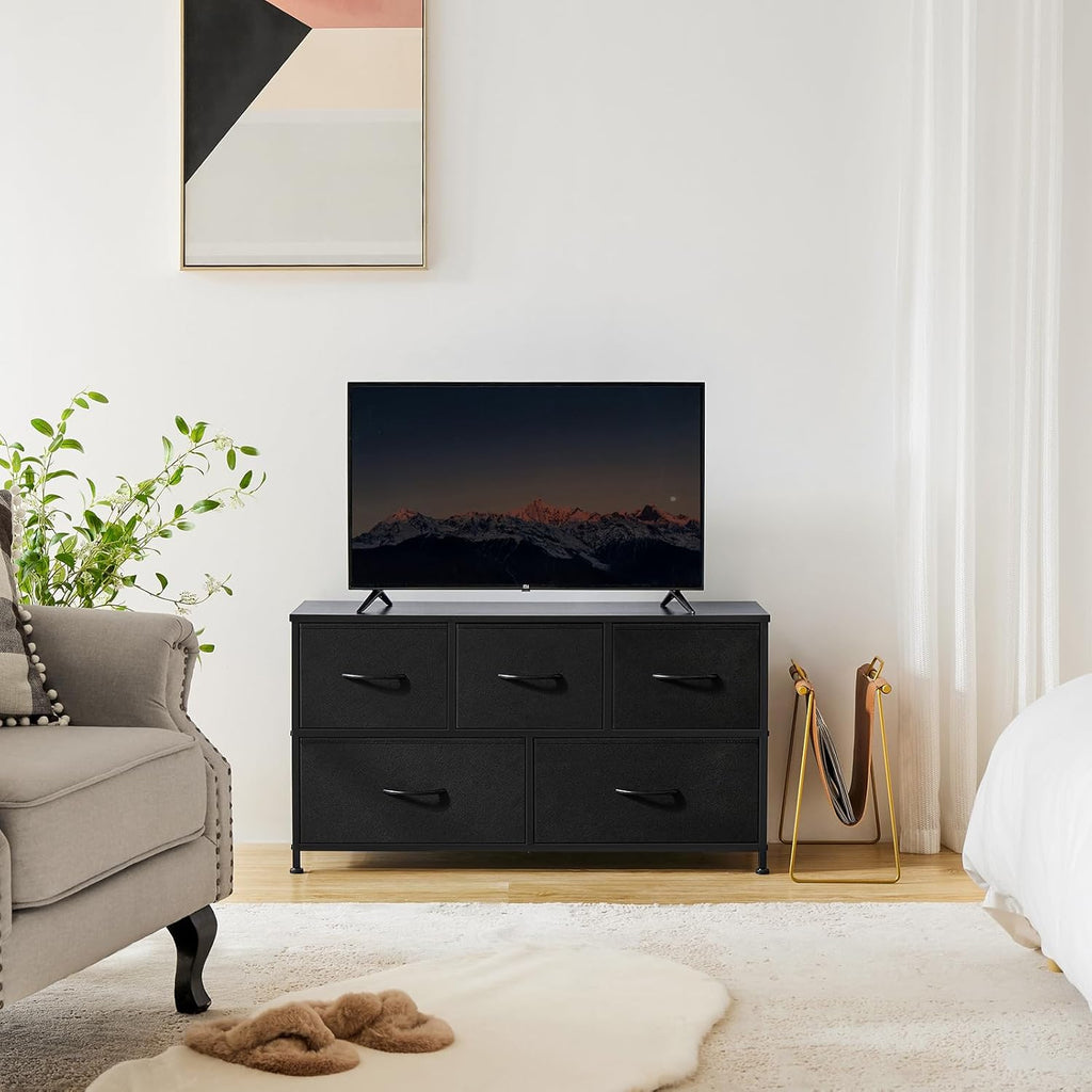 OLIXIS 5-Drawer Dresser - Sturdy Fabric Storage Tower with Wooden Top & Easy-Pull Bins for Bedroom & Living Room