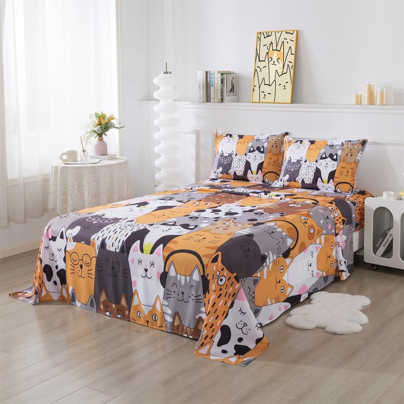 qjmiaofang 4 Pieces Cartoon Cats Bedding Full Size Cat Sheets Gradient Line Animals Kids Girls Boys Bed Sheet with Flat Sheet,Fitted Sheet and Pillowcase All Season Home Decor