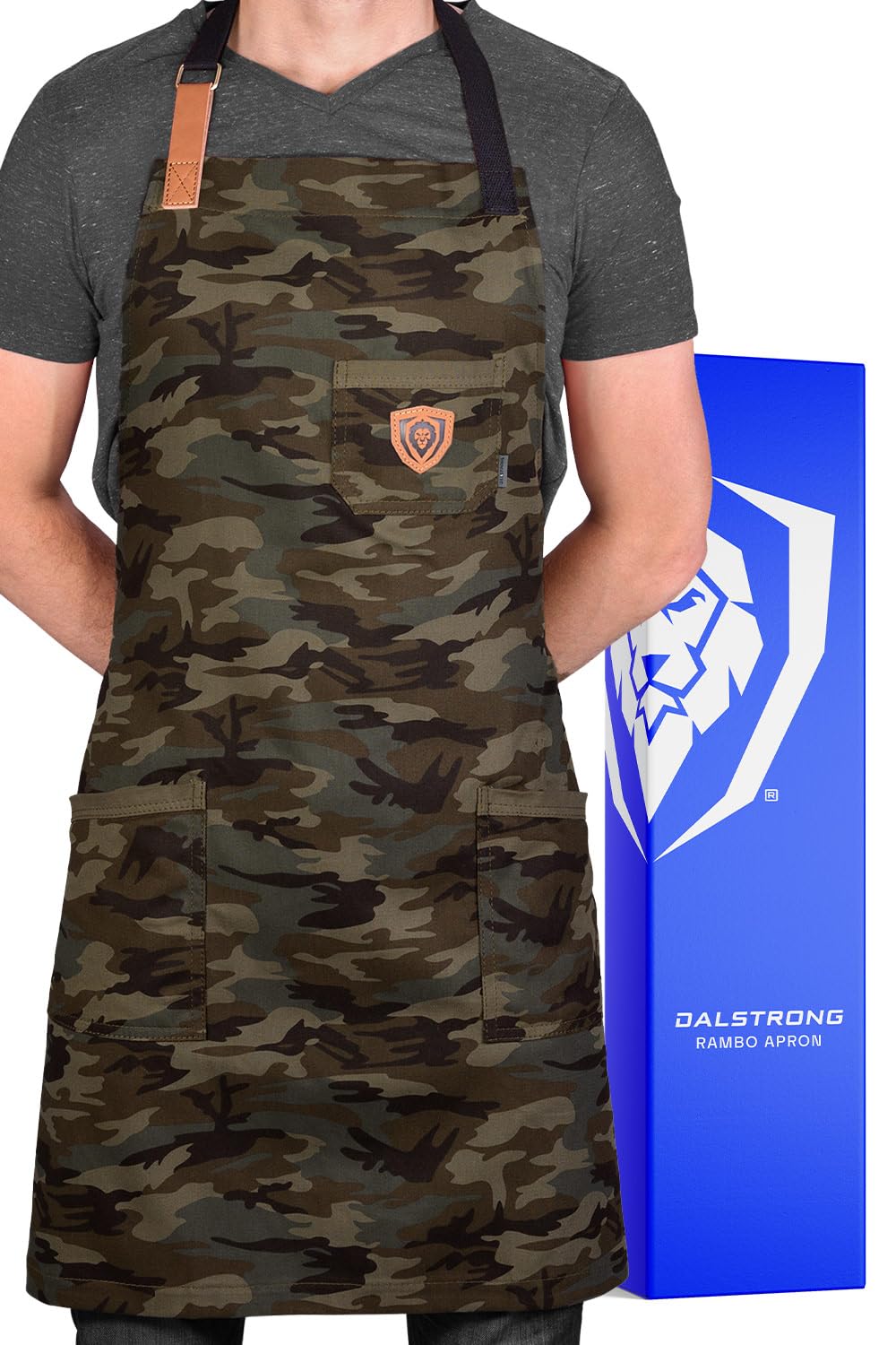 Dalstrong Professional Chef's Kitchen Apron - 4 Storage Pockets - 100% Poly-Cotton Camouflage - The Kitchen Rambo - Liquid Repellent Coating - Genuine Leather Accents - Adjustable Straps