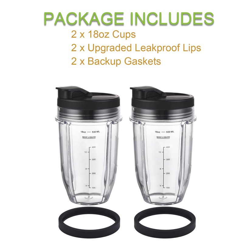 [Upgraded] Replacement 18oz Cups for Nutri Ninja Blenders, Blender Replacement Parts with Upgraded Lid For Auto-IQ BL480, BL482, BL490, BL640, BL642, & BL680 Auto IQ Series Blenders., 2 Pack