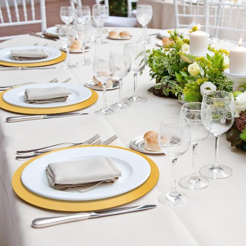 SAYAYA 150 Pcs Gold Glitter Paper Placemats Round Disposable Table Mats Mirror Foil Decorative Place Mats for Dining Wedding Banquet Party New Years Festive Birthday Holiday Christmas Table Decoration