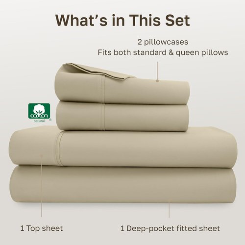 California Design Den Queen Size Bed Sheets Set - 100% Cotton, 400 TC, Silky Smooth Sateen, Deep Pockets - Beige