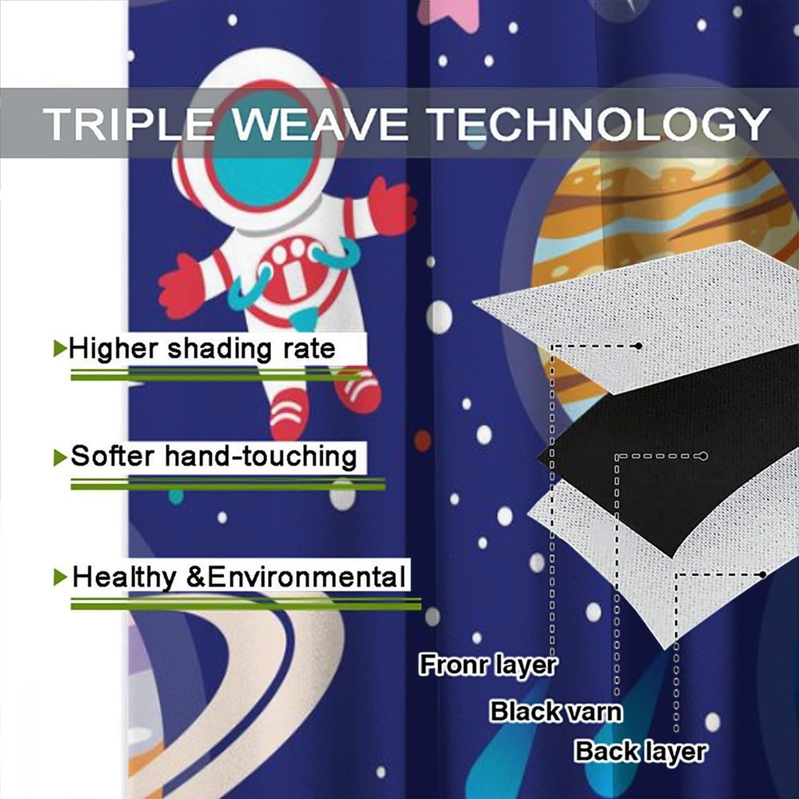 Kids Outer Space Curtains Cartoon Galaxy Planet Universe Astronaut for Boys Bedroom Rod Pocket Decor Nursery Starry Starts Pocket Art Printed Living Room Window Drapes 2 Panels Set 42x45 Inch