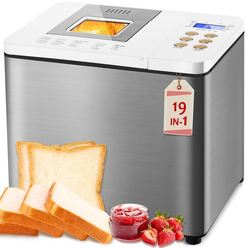 19-in-1 Stainless Steel Bread Maker With Smart Dual Heaters, Quiet Bread Machine with 15H Timer & 1H Keep Warm, Auto BreadMaker with Food-Grade Heat-Conductive Non-Stick Pan, Recipes for Gluten-Free