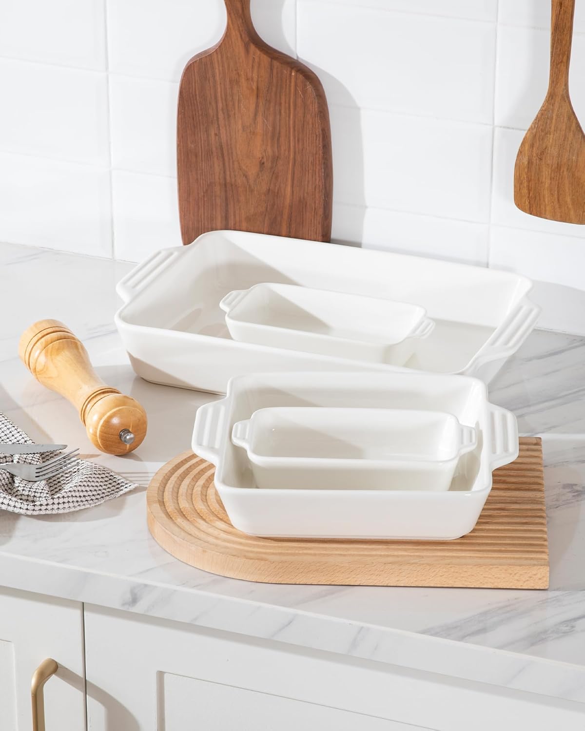 Sweejar Ceramic Bakeware Set - 4 Rectangular Casserole Dishes with Handles for Oven | White Lasagna Pans