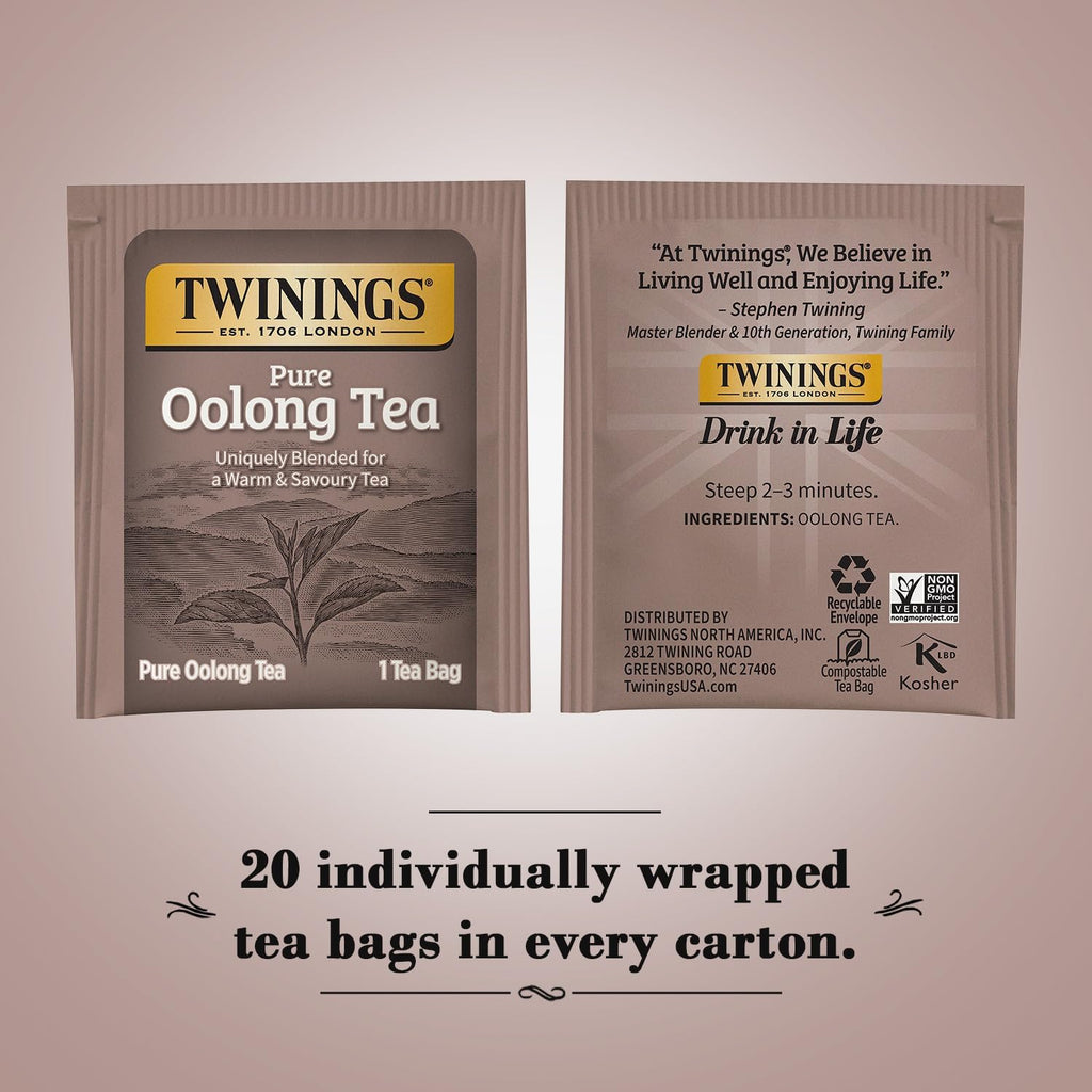 Twinings Pure Oolong Tea 2-Pack – Golden Caffeinated Tea, Individually Wrapped Tea Bags, 20 Count Each