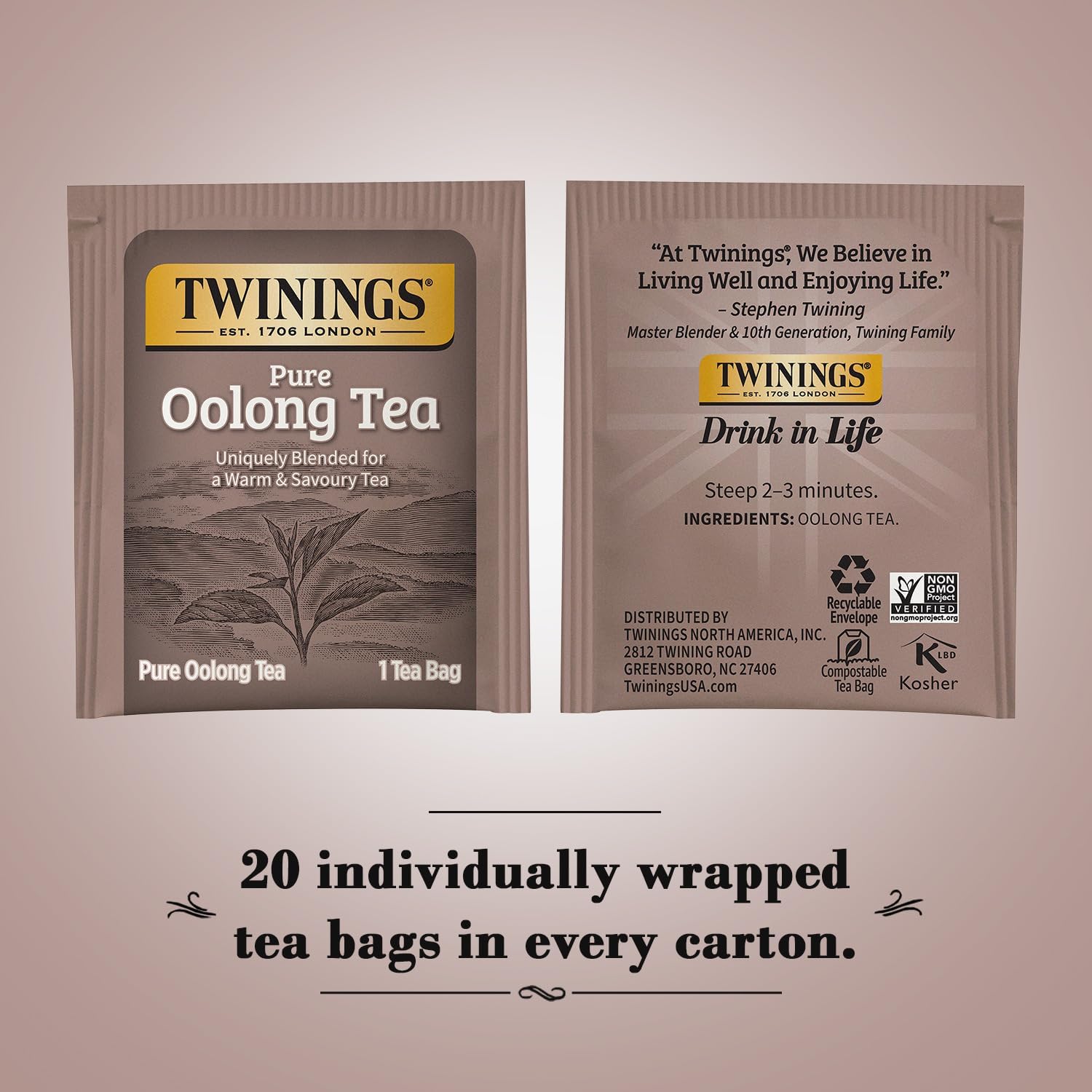 Twinings Pure Oolong Tea 2-Pack – Golden Caffeinated Tea, Individually Wrapped Tea Bags, 20 Count Each