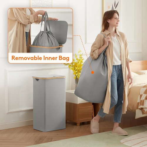 Lifewit 100L Laundry Basket - Foldable Hamper with Lid & Bamboo Handles | Silver Grey