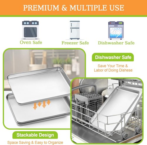 CEKEE Stainless Steel Quarter Sheet Pan Set - Heavy Duty Baking Sheets for Easy Clean | 12 x 10 x 0.98 Inch