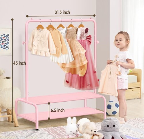 Mirolam Kids Clothing Rack - Dress Up Storage Solution for Little Girls - Small Costume Wardrobe with 2 Fabric Shelves