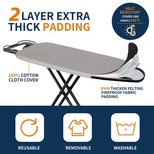 Deegureet Ironing Board, Compact and Space Saver Patented Ironing Board with Iron Rest, Heat Resistant Cover with Ultra Thick Padding, Easy Storage with Stable Structure, Heavy Duty Steel Legs