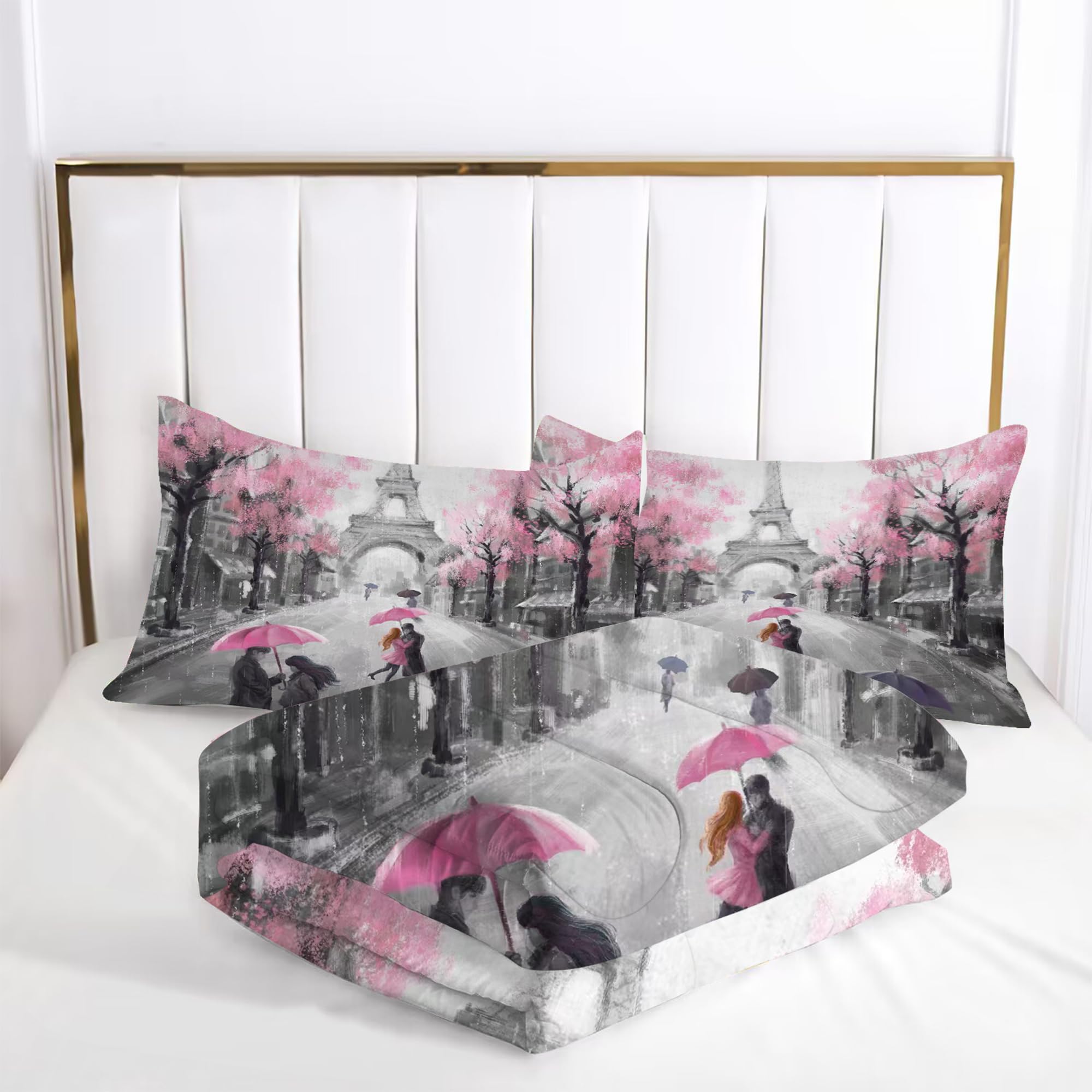 EDGZKO Paris Comforter Set King: Pink and Grey Eiffel Tower Bedding Sets King Size French Style Romantic for Girls Teens Women Bedroom Soft Quilt Bed Set 1 Comforter & 2 Pillowcases