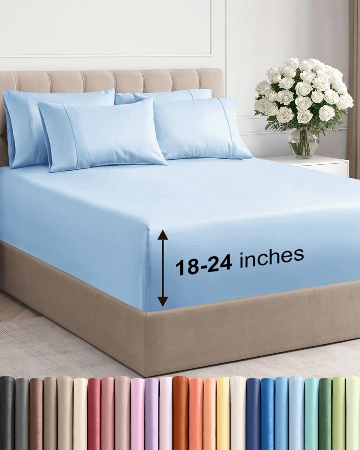 Skiennix Extra Deep Full Sheet Set - 6-Piece Breathable Cooling Bedding - Hotel Luxury Soft Sheets - Light Blue