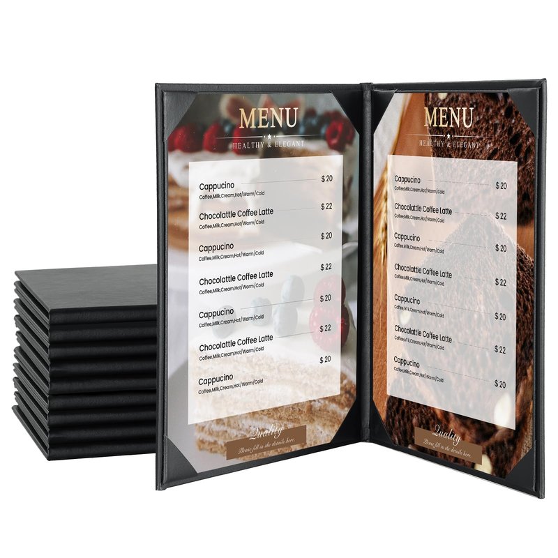 AMGSH Menu Holder 8 View Menu Covers 8.5" x 11" | 5 Pack Black Leather Menu Sleeves Book Style for Restaurant Coffee Bars Wine List (8 View, 5 Pack)
