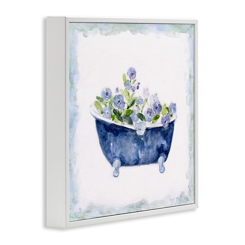Stupell Industries Charming Blue Bathtub Botanical Floral Watercolor Border,Design by Sally Swatland