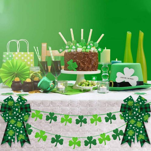 Heureppy Burlap Linen Wreath Bows - St. Patrick's Day Green Plaid Clover Decor | 2 Pack for Indoor/Outdoor Use