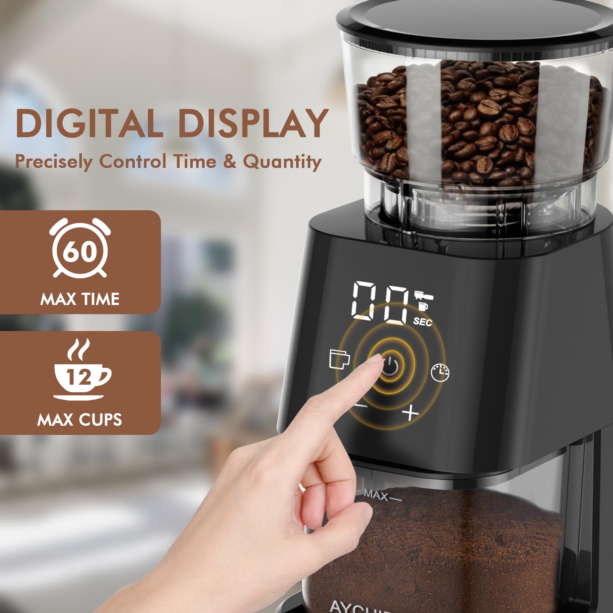 AYCHIRO Burr Coffee Grinder Electric, Adjustable Burr Mill with 30 Grinding Settings, Coffee Bean Grinder with Touchscreen, 2-12 Cups