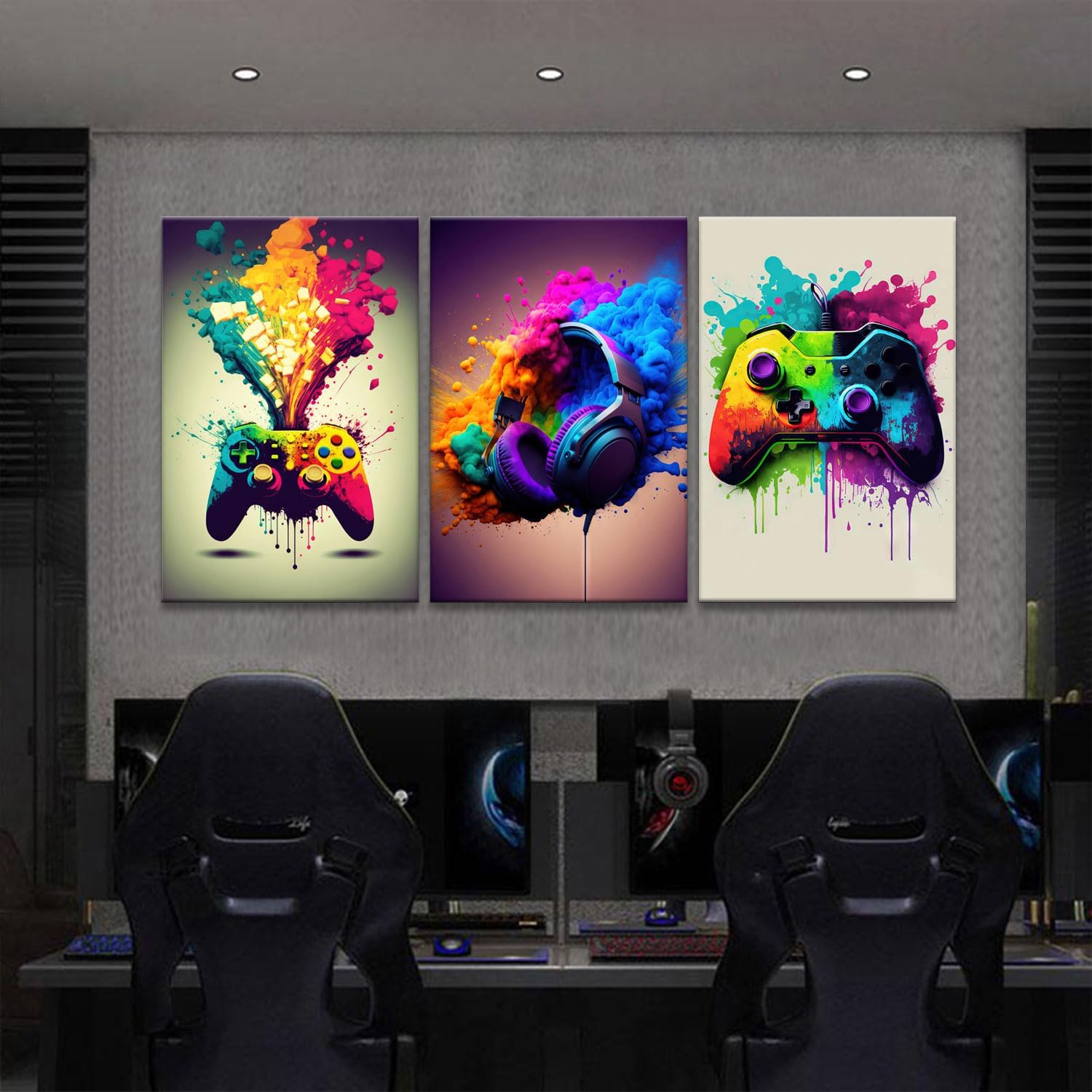 Skiennix Framed 3-Piece Game Room Wall Art - Neon Video Game Graffiti Posters | 12x16 Inch Decor