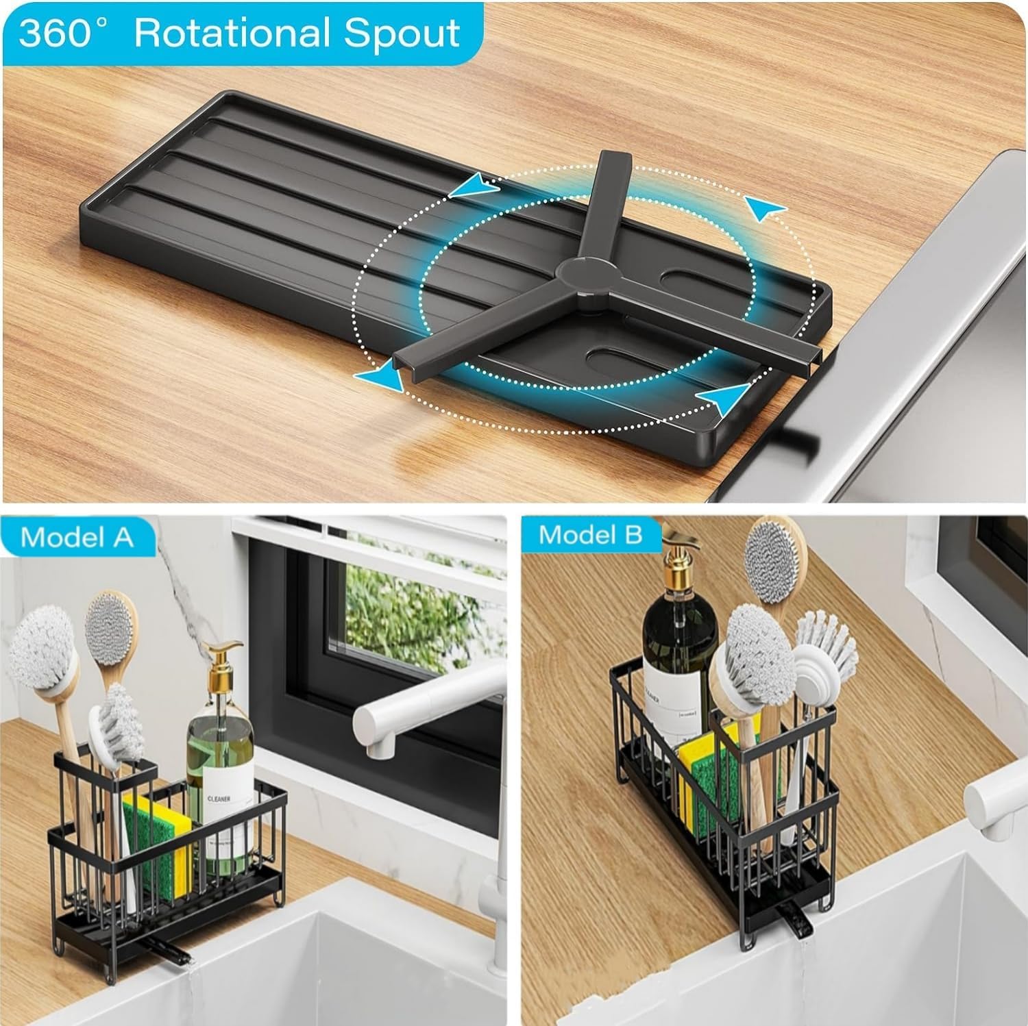 Skiennix Sponge Holder - Auto Draining Sink Caddy Organizer with Brush Holder | Stainless Steel Kitchen Accessory