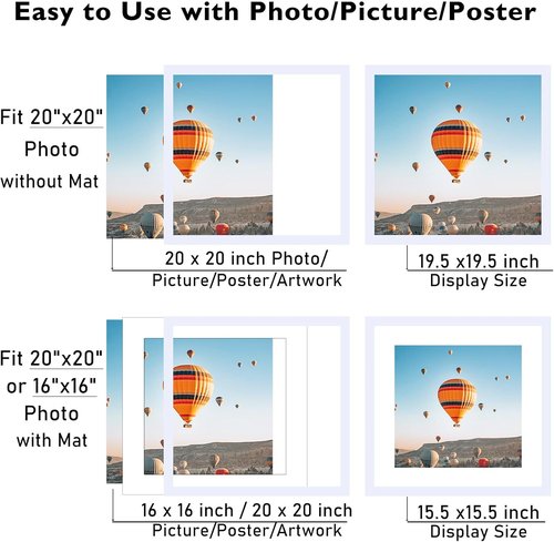 JCJMY 20x20 Picture Frame - White Frame with 16x16 Mat for Wall Display | Shatter-Resistant Plexiglass