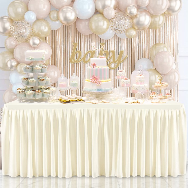 Suppromo Spandex Ivory Table Clothes for 6 ft Rectangle Tables, Wrinkle Free Fitted Tablecloths 6ft Stretchy Ruffle Table Cloth for Parties Weddings Birthday Banquet Baby Shower