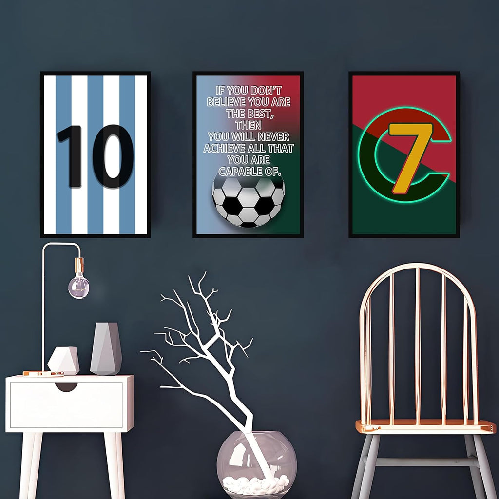 Pormipone Football Wall Art Decor - 3 Pcs Soccer Canvas Paintings for Boys' Room | 12x18 in