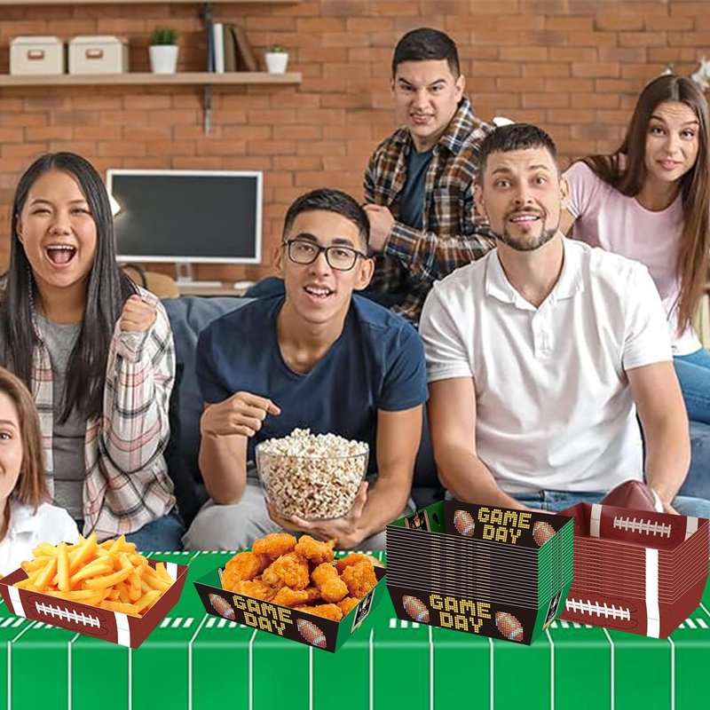 WIQEDOHA Football Party Plates 50Pack Disposable Rectangular Paper Trays Modern Patterned Football Themed Design 7.9 x 5.7 x 1.9" Football Party Supplies