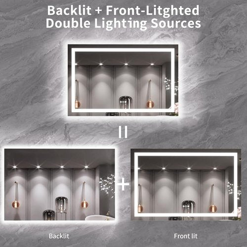 LOAAO LED Bathroom Mirror - 55X36 Inch, Dimmable & Anti-Fog, Backlit & Front Lit, Tempered Glass